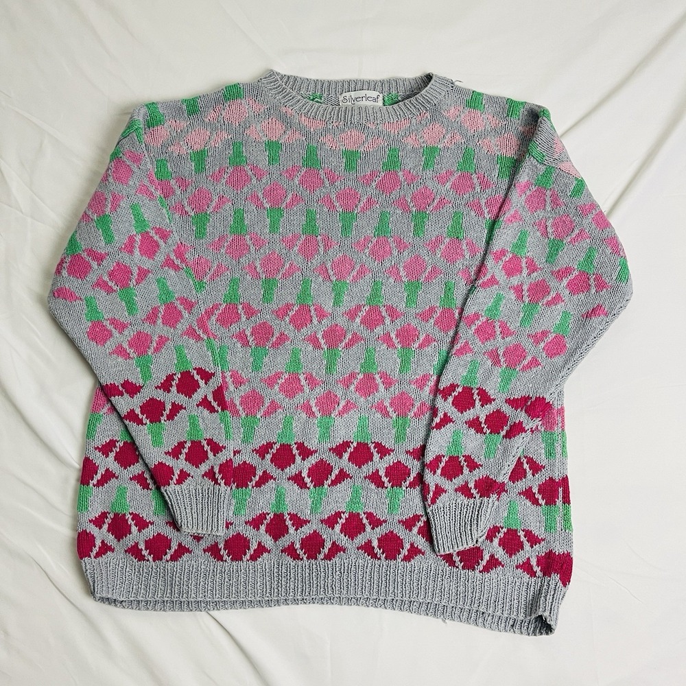 Vintage 80s Silverleaf Geometric Floral Knit Sweater Women's L Ramie Cotton